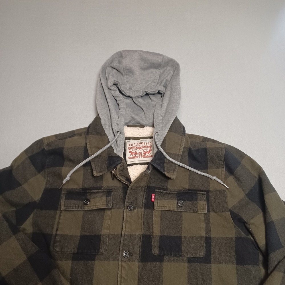 Levi's Shirt Jacket Mens XL Green Buffalo Plaid Sherpa Lined Hooded Flan Shacket - Picture 15 of 15